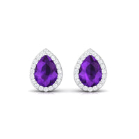 Pear-shaped amethyst teardrop earrings with diamond halo, elegant jewelry piece by Rosec Jewels featuring vibrant purple gemstones.