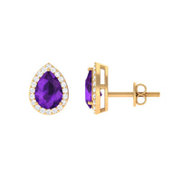 Pear-shaped amethyst teardrop earrings with diamond halo, elegant jewelry design by Rosec Jewels.
