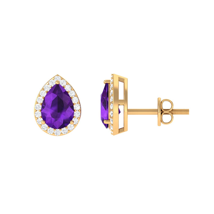 Pear-shaped amethyst teardrop earrings with diamond halo, elegant jewelry design by Rosec Jewels.