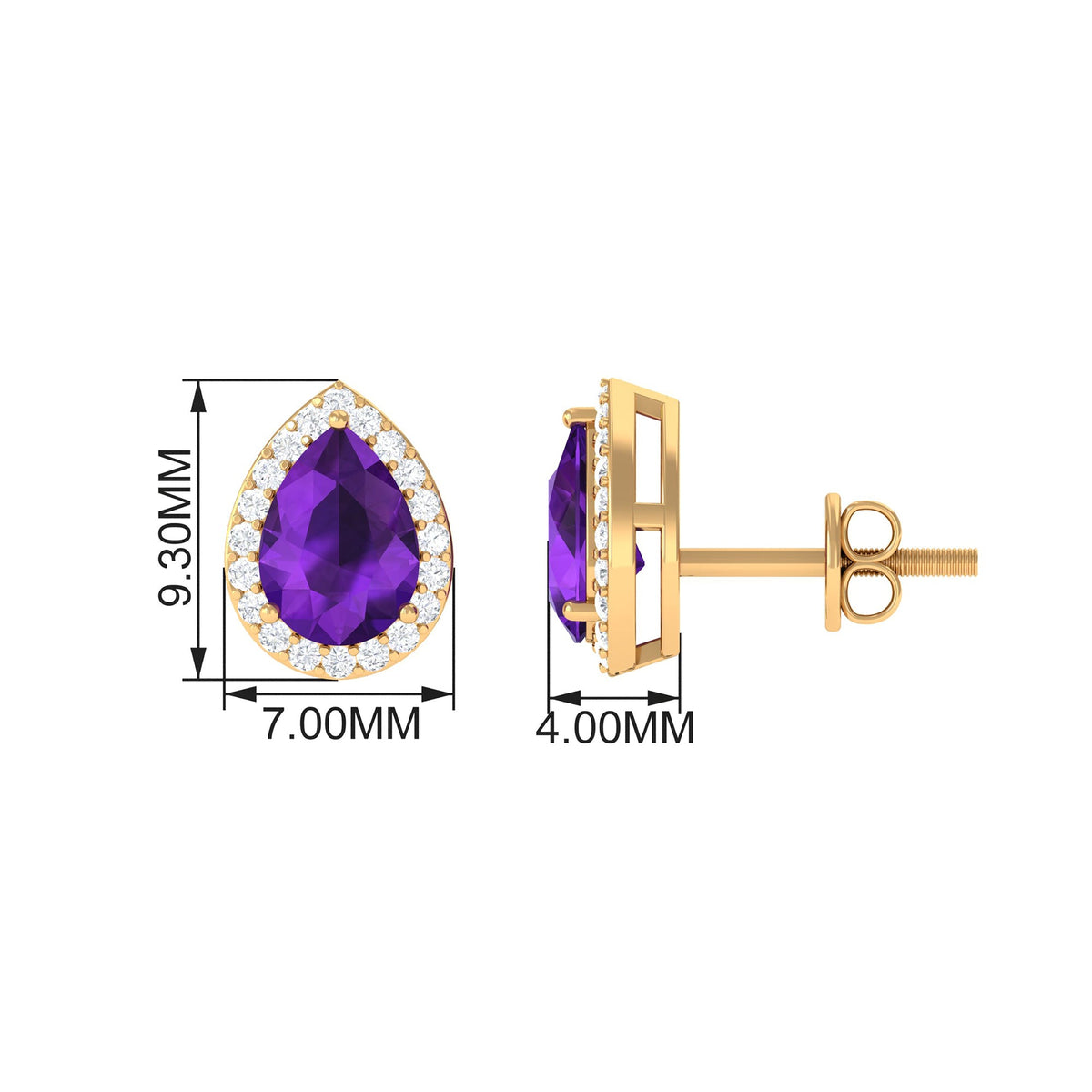 Pear-shaped amethyst teardrop earrings with diamond halo by Rosec Jewels, featuring vibrant purple gemstones and sparkling accents.