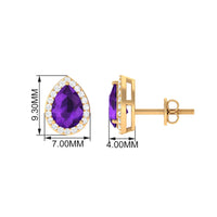 Pear-shaped amethyst teardrop earrings with diamond halo by Rosec Jewels, featuring vibrant purple gemstones and sparkling accents.