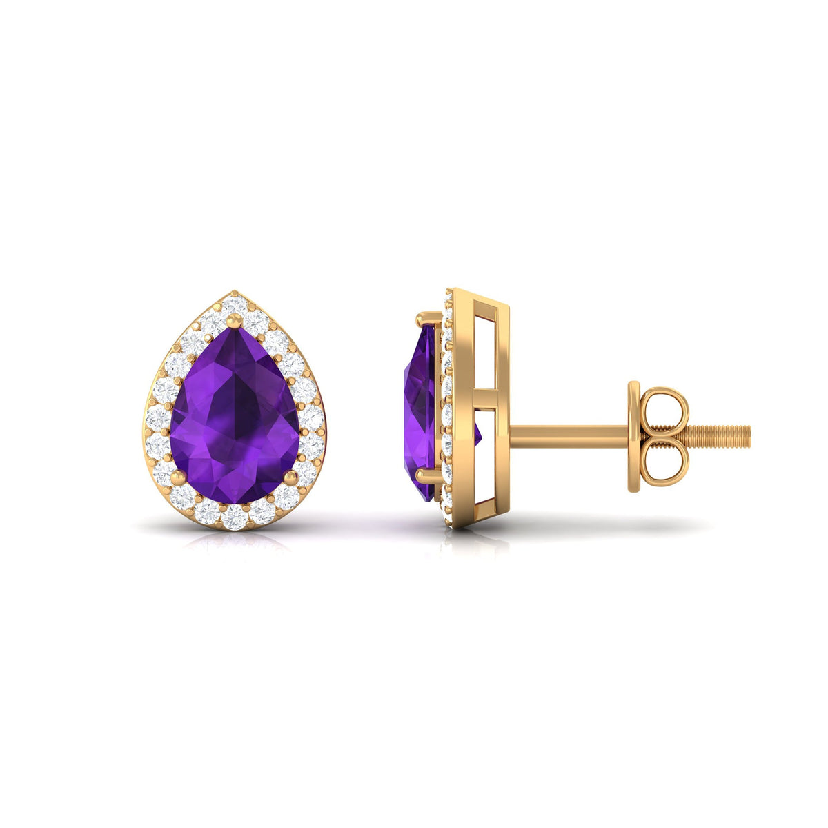 Pear-shaped amethyst teardrop earrings with diamond halo, elegant jewelry piece by Rosec Jewels.