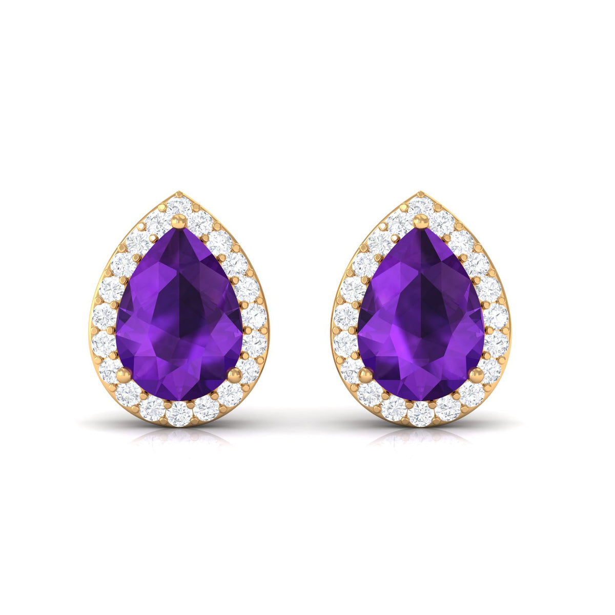 Pear-shaped amethyst teardrop earrings with diamond halo from Rosec Jewels, showcasing elegant purple gemstones and sparkling accents.