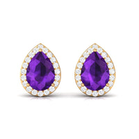 Pear-shaped amethyst teardrop earrings with diamond halo from Rosec Jewels, showcasing elegant purple gemstones and sparkling accents.