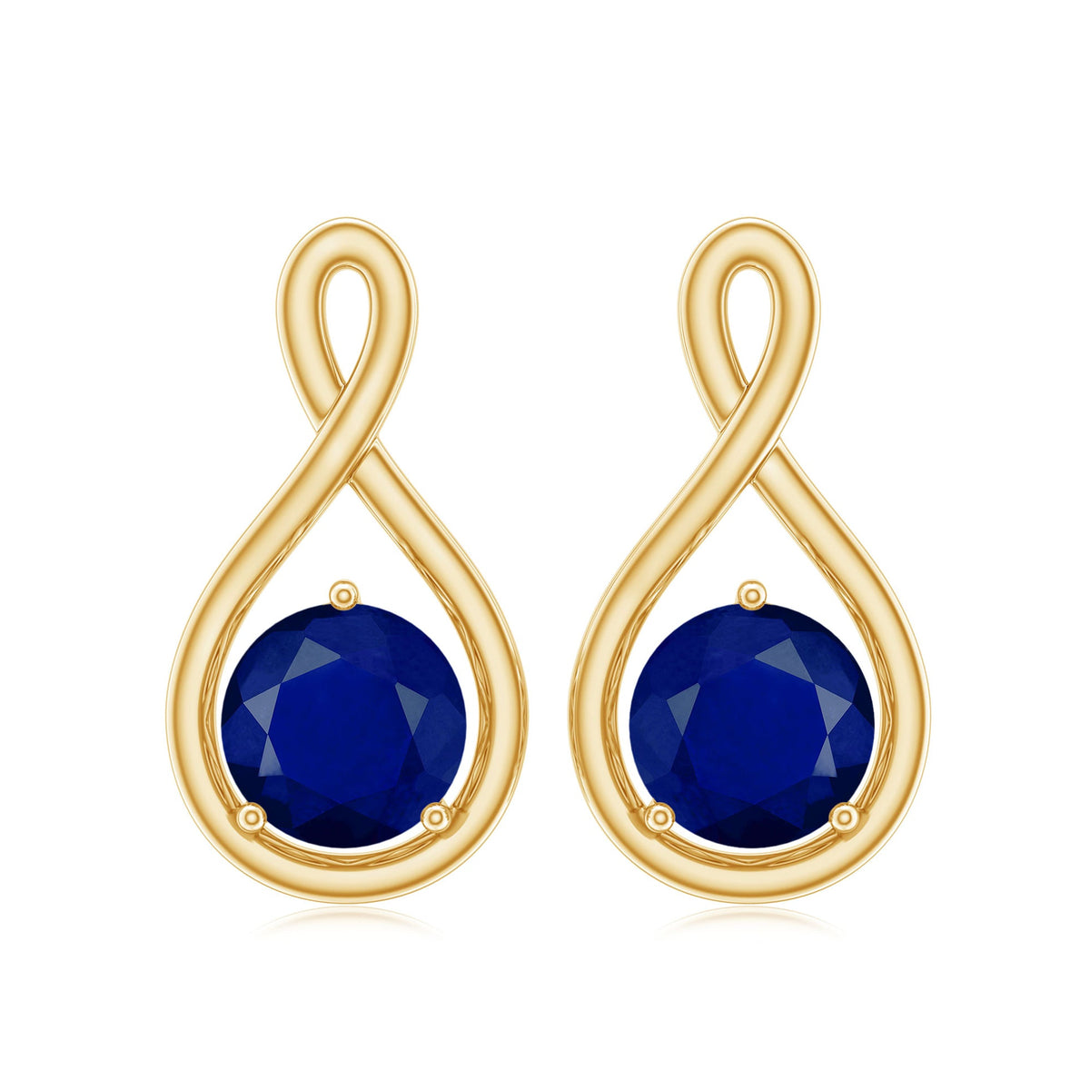 Round cut blue sapphire solitaire infinity stud earrings by Rosec Jewels featuring 3/4 carat blue sapphires and silver settings.