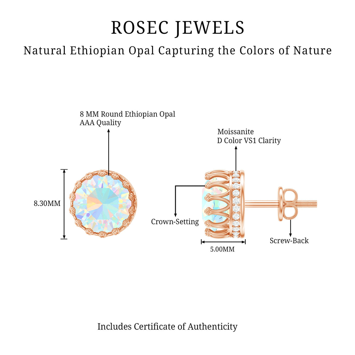 Rosec Jewels Real Ethiopian Opal crown stud earrings featuring vibrant opal gemstones and a secure post design.