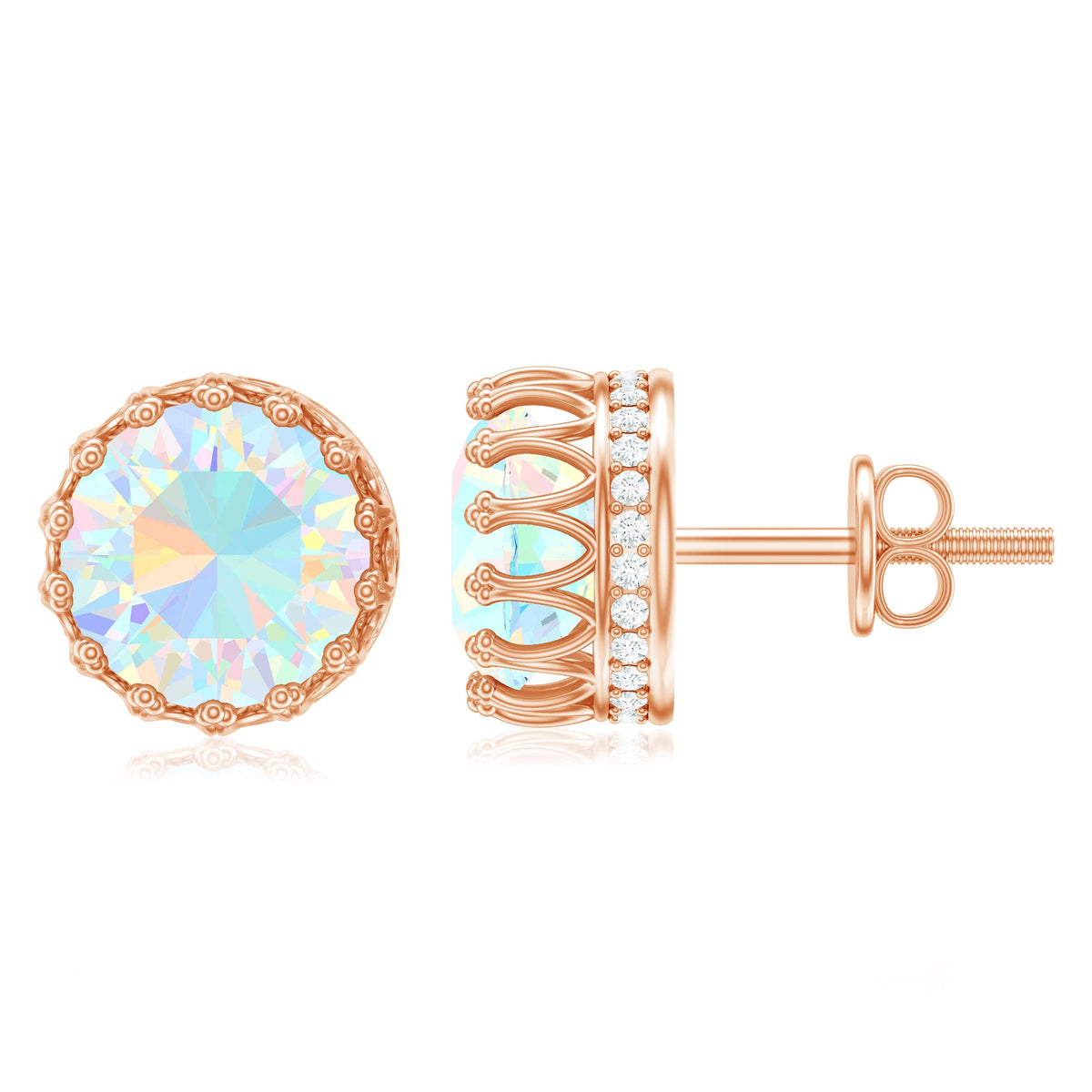 Rosec Jewels Ethiopian Opal crown stud earrings with certificate, featuring vibrant opal gemstones on gold-tone earring settings.