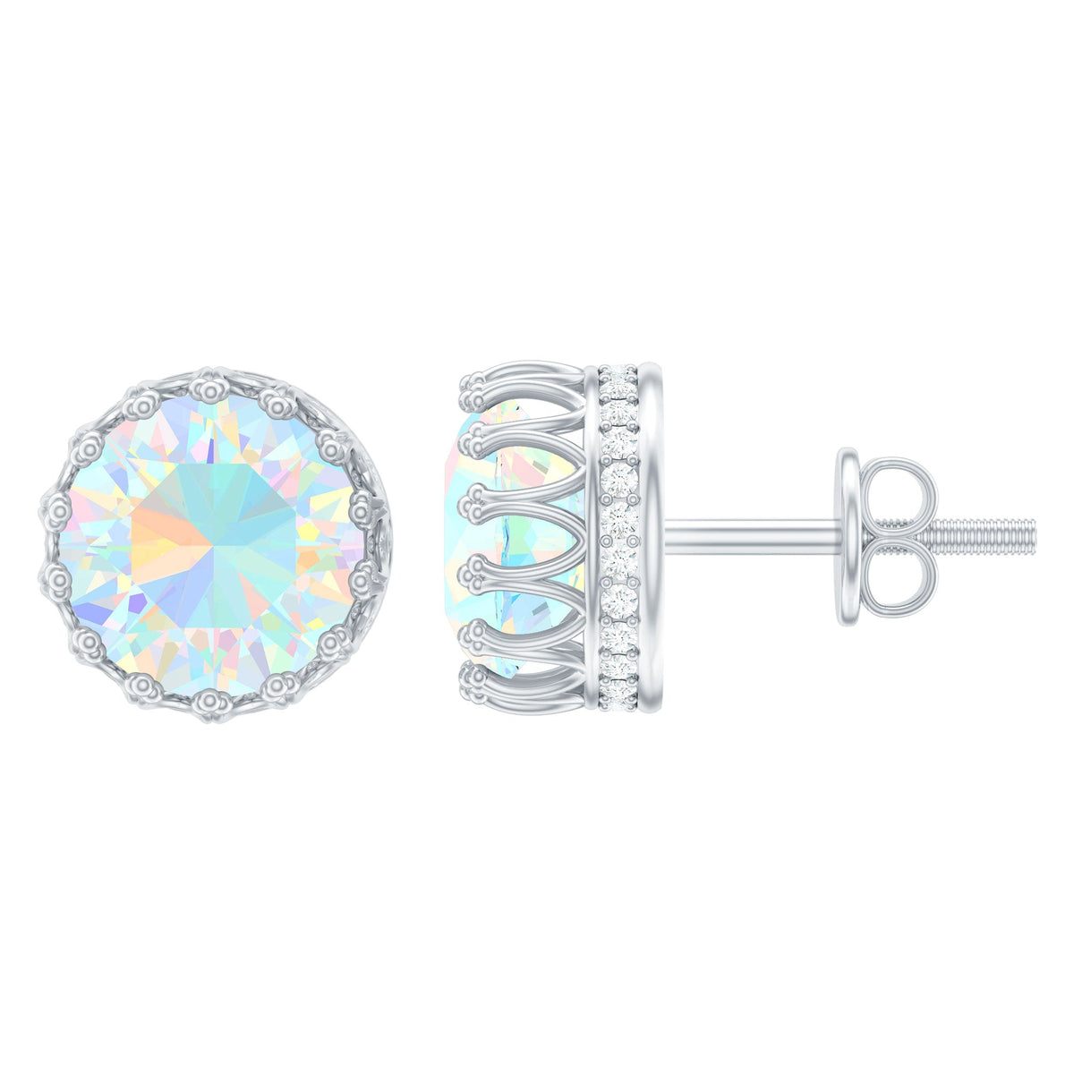 Rosec Jewels Ethiopian Opal Crown Stud Earrings with certificate, showcasing vibrant opal gemstones and detailed metal settings.