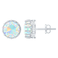 Rosec Jewels Ethiopian Opal Crown Stud Earrings with certificate, showcasing vibrant opal gemstones and detailed metal settings.