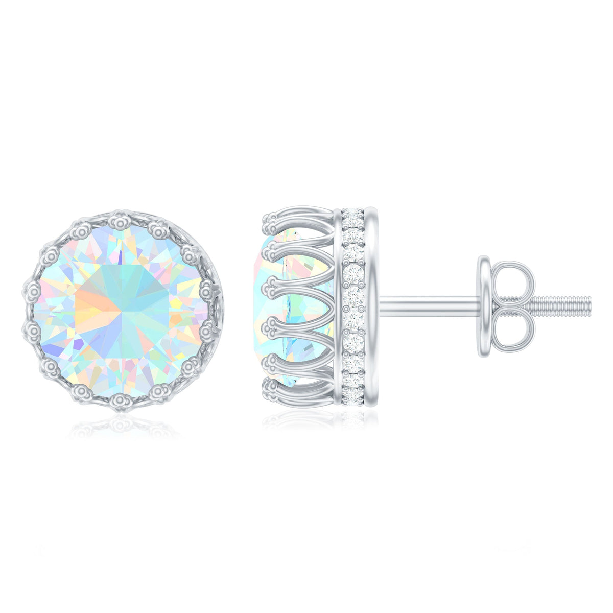 Rosec Jewels Ethiopian Opal Crown Stud Earrings with certificate, featuring vibrant opal gemstones and intricate crown design.