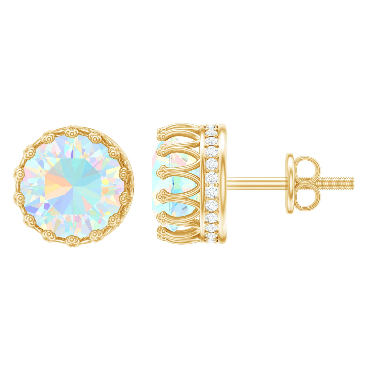 Rosec Jewels Ethiopian Opal crown stud earrings with certificate, featuring vibrant opal gemstones and intricate gold settings.
