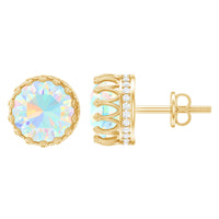 Rosec Jewels Ethiopian Opal crown stud earrings with certificate, featuring vibrant opal gemstones and intricate gold settings.