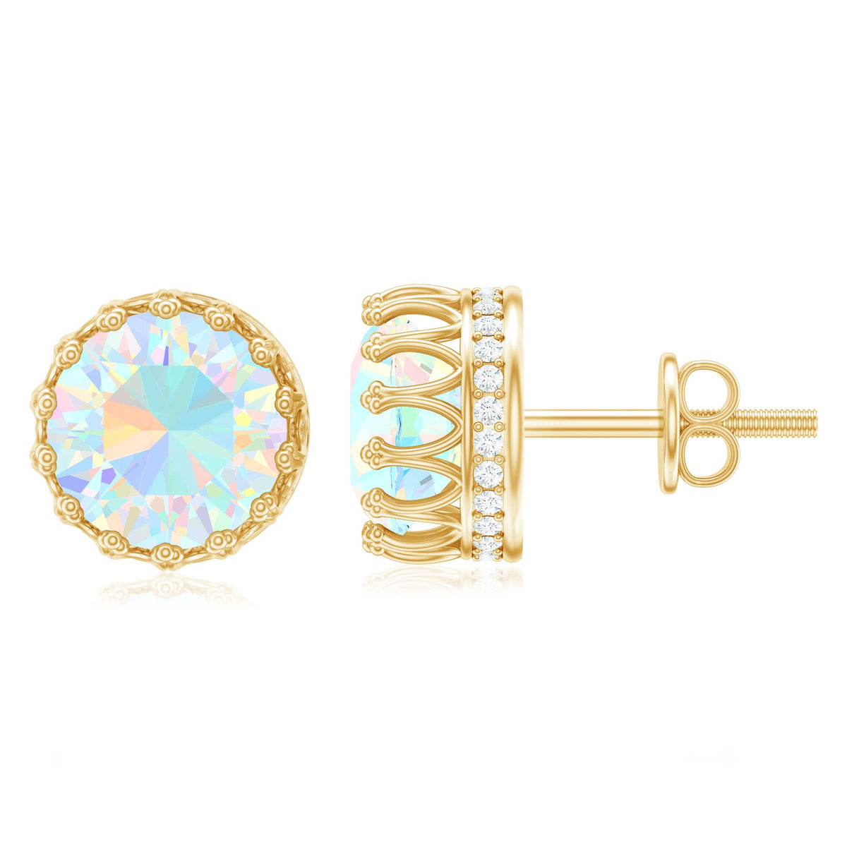 Rosec Jewels Ethiopian Opal crown stud earrings with certificate, featuring sparkling opal gemstones on elegant gold studs.