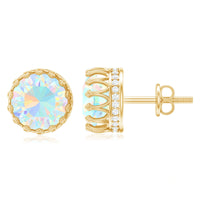 Rosec Jewels Ethiopian Opal crown stud earrings with certificate, featuring sparkling opal gemstones on elegant gold studs.