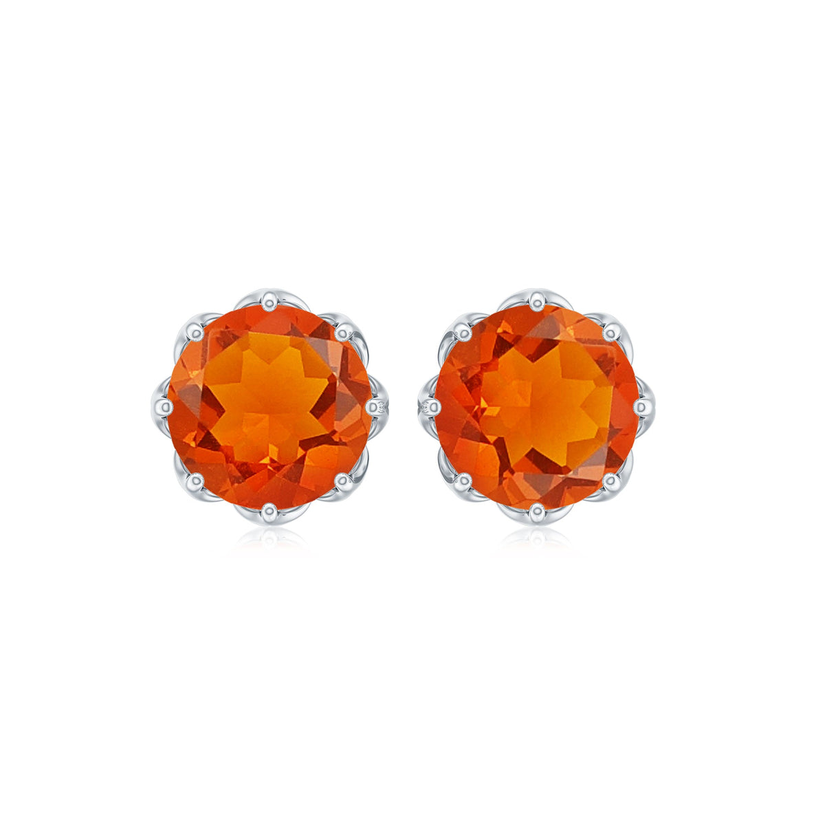 Natural fire opal stud earrings by Rosec Jewels with certificate, showcasing vibrant orange and red gemstones in a classic stud design.