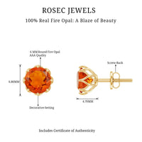 Natural fire opal stud earrings from Rosec Jewels with certificate, showcasing vibrant orange and red fire opal gemstones.