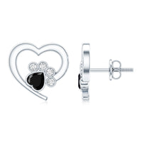 Heart Shape Black Onyx and Diamond Paw Stud Earrings