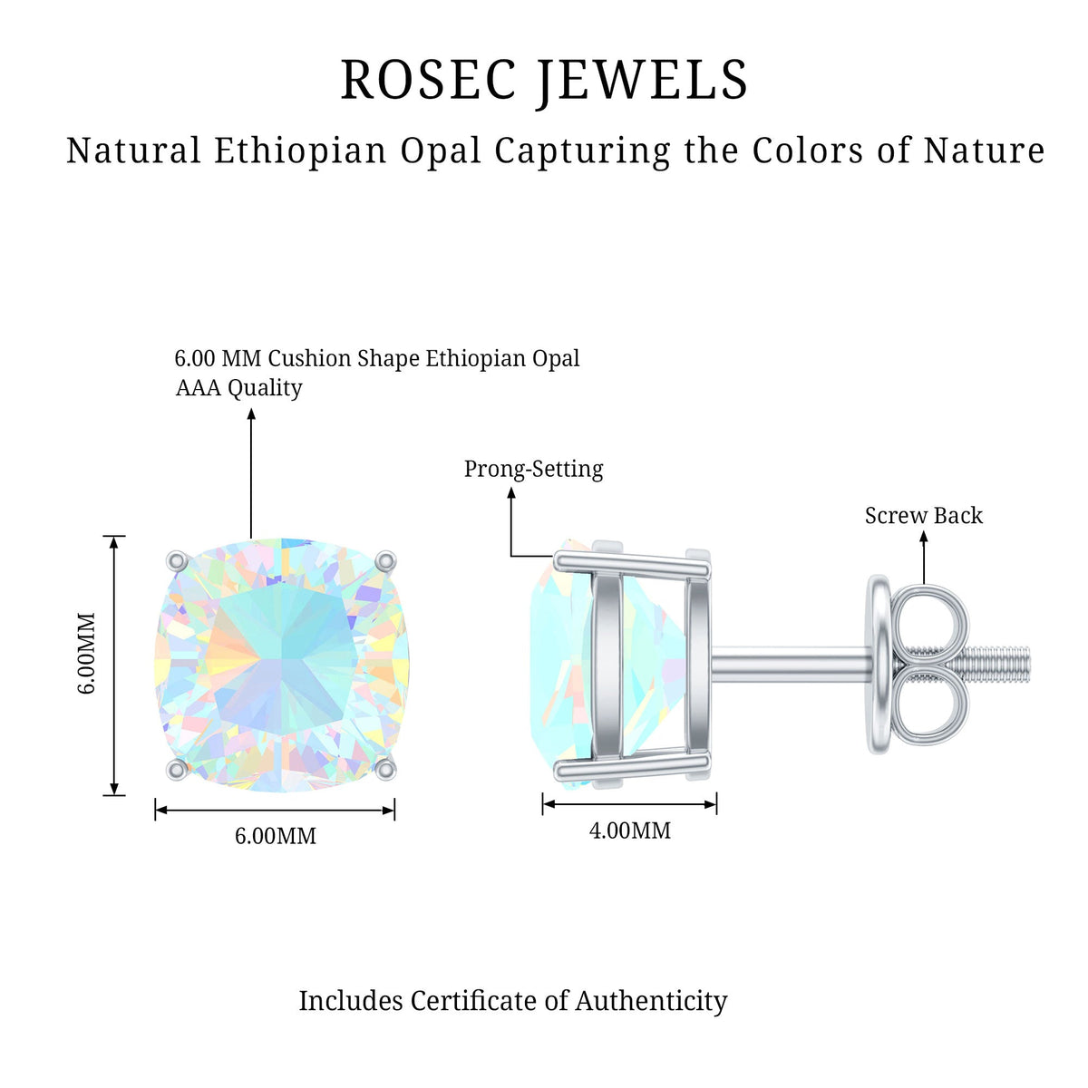 Natural Certified Cushion Cut Ethiopian Opal Stud Earrings For Women