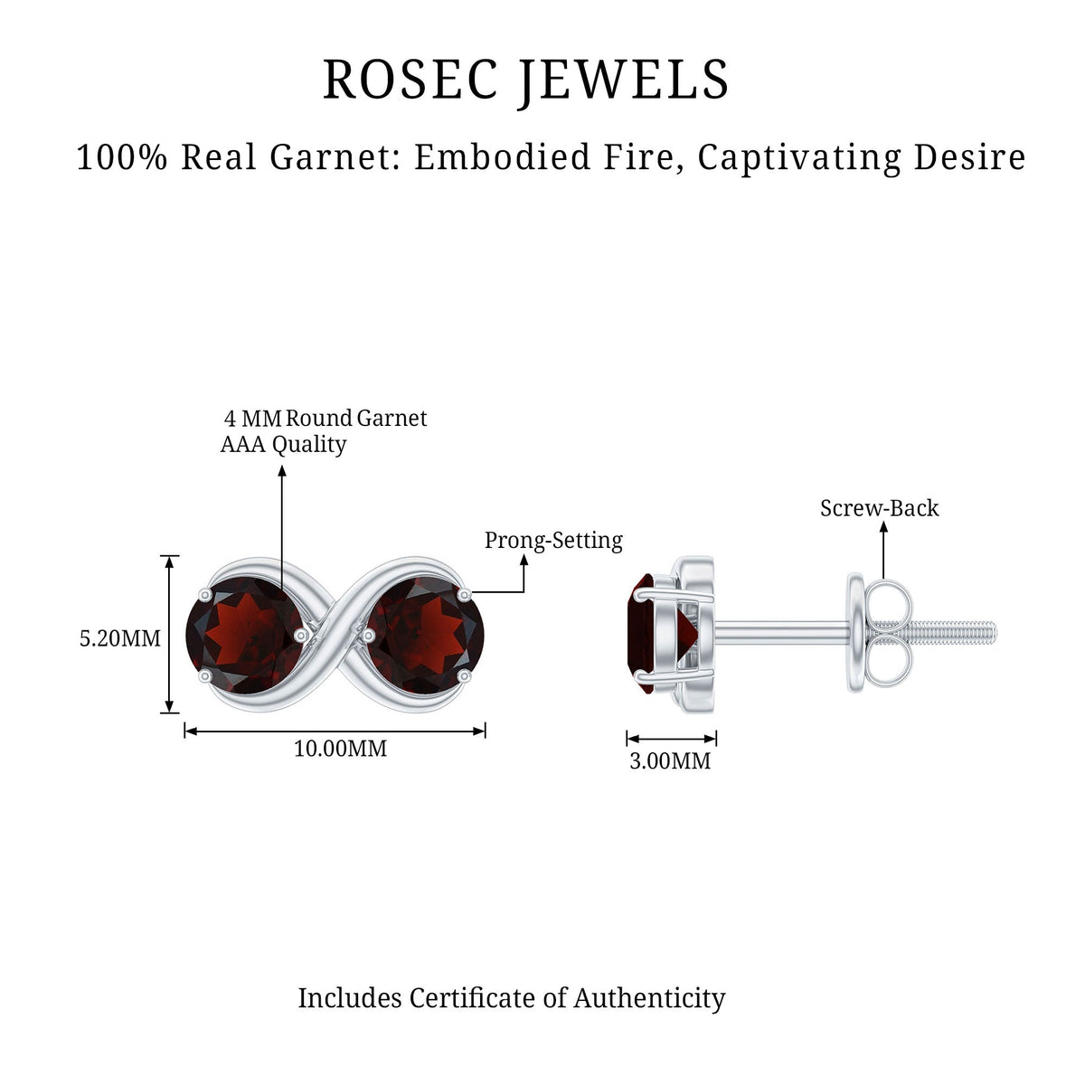 Natural garnet infinity stud earrings with screw back closures from Rosec Jewels, showcasing elegant red gemstone design.