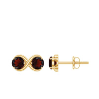 Natural garnet infinity stud earrings with screw back closures by Rosec Jewels, showing the detailed gemstone design.