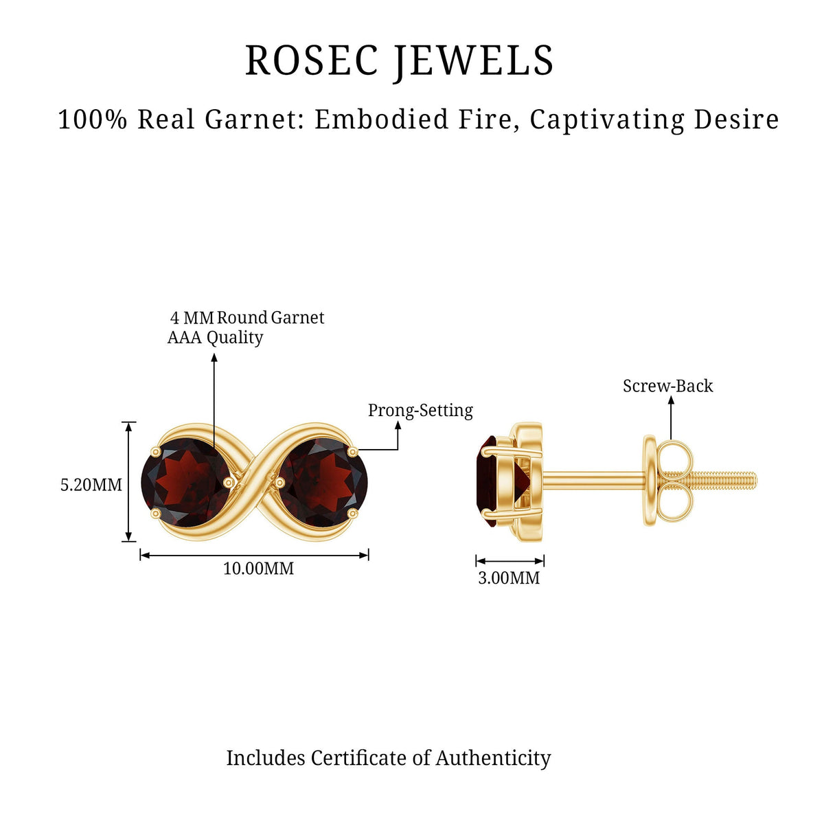 Natural garnet infinity stud earrings with screw back clasps from Rosec Jewels, showcasing deep red gemstone and elegant design.