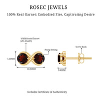 Natural garnet infinity stud earrings with screw back clasps from Rosec Jewels, showcasing deep red gemstone and elegant design.