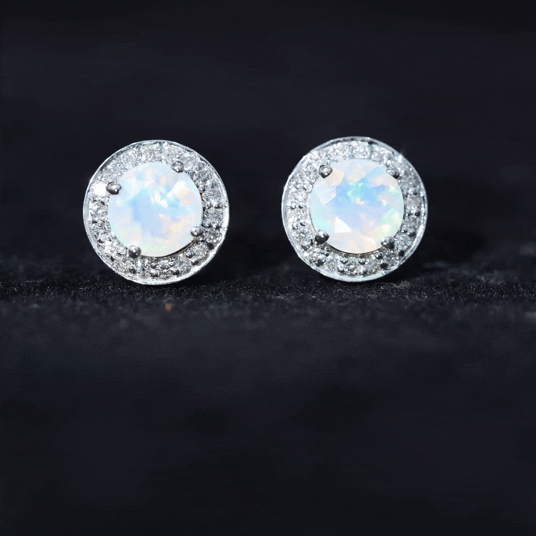 Ethiopian opal and diamond halo stud earrings by Rosec Jewels featuring round 1.6 carat stones in elegant jewelry design.