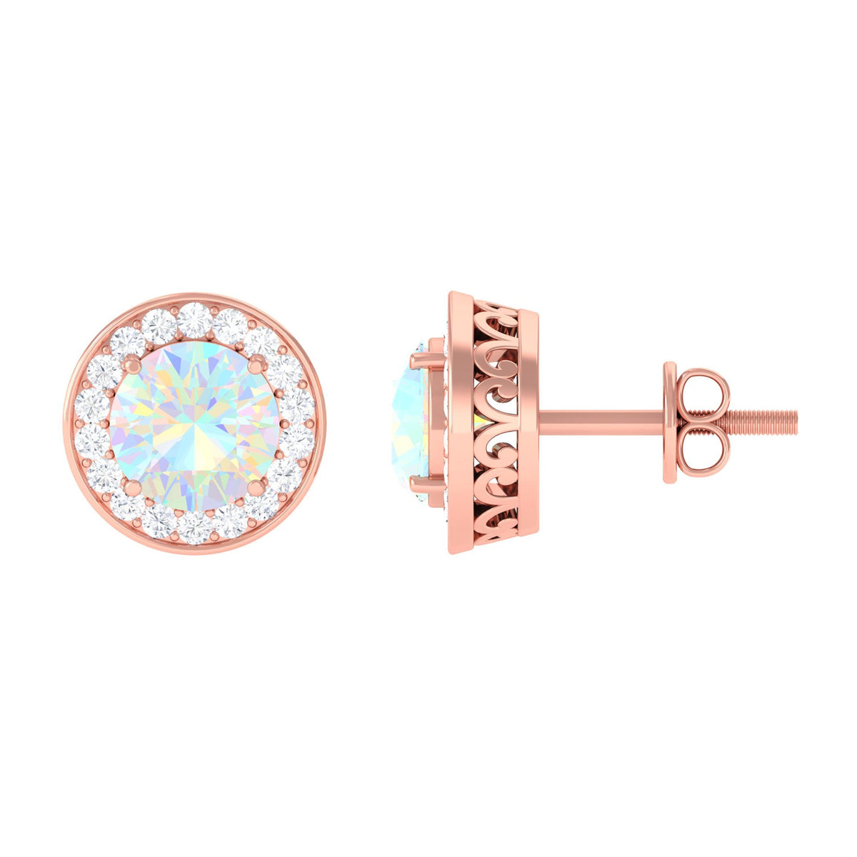 Round Ethiopian opal and diamond halo stud earrings with 1.6 carats, featuring elegant Rosec Jewels craftsmanship.