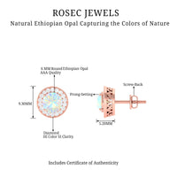 Round Ethiopian opal and diamond halo stud earrings featuring 1.6 carats, crafted by Rosec Jewels, showcasing sparkling gemstones.