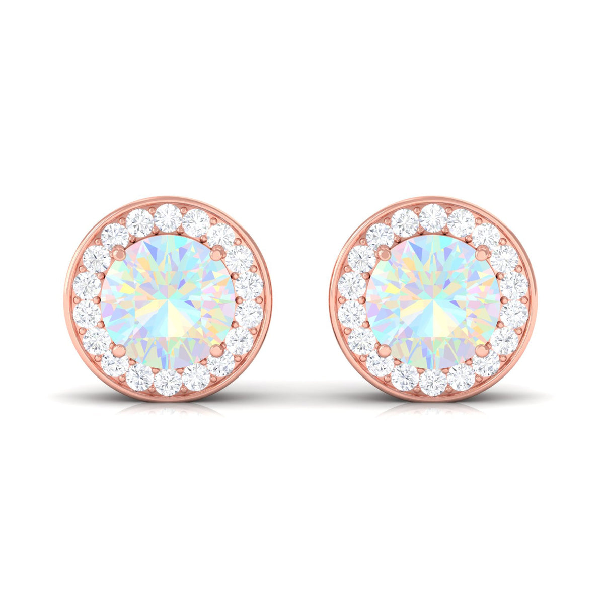 Round Ethiopian opal and diamond halo stud earrings featuring 1.6 carats, crafted by Rosec Jewels.
