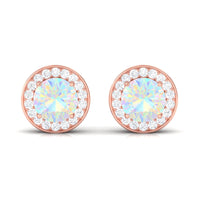 Round Ethiopian opal and diamond halo stud earrings featuring 1.6 carats, crafted by Rosec Jewels.