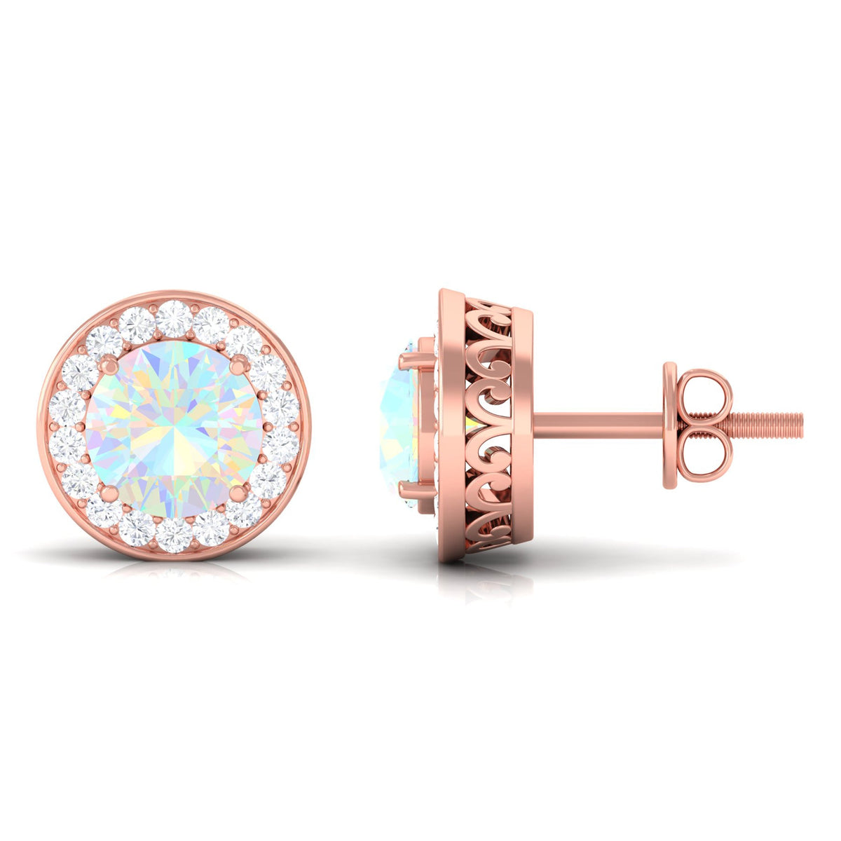 Round Ethiopian opal and diamond halo stud earrings by Rosec Jewels featuring 1.6 carats of gemstones on classic earrings.