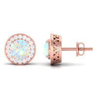 Round Ethiopian opal and diamond halo stud earrings by Rosec Jewels featuring 1.6 carats of gemstones on classic earrings.