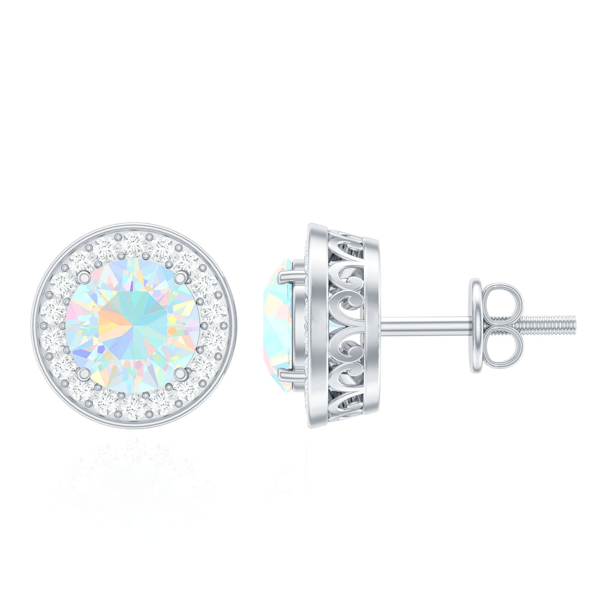 Round Ethiopian opal and diamond halo stud earrings by Rosec Jewels featuring 1.6 carats total weight, set in elegant earrings.