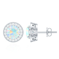 Round Ethiopian opal and diamond halo stud earrings by Rosec Jewels featuring 1.6 carats total weight, set in elegant earrings.