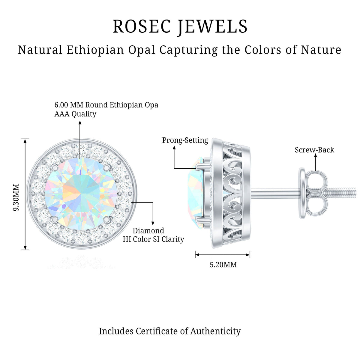 Round Ethiopian opal and diamond halo stud earrings with 1.6 carats, set in elegant earrings by Rosec Jewels.