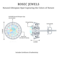 Round Ethiopian opal and diamond halo stud earrings with 1.6 carats, set in elegant earrings by Rosec Jewels.