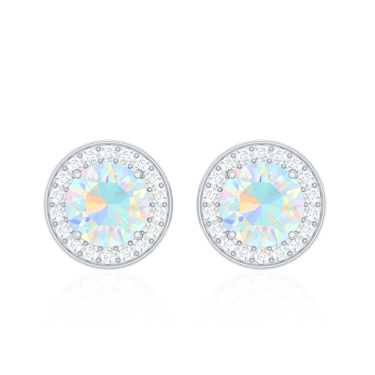 Round Ethiopian opal and diamond halo stud earrings by Rosec Jewels featuring 1.6 carats of vibrant gemstones.