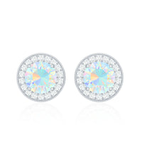 Round Ethiopian opal and diamond halo stud earrings by Rosec Jewels featuring 1.6 carats of vibrant gemstones.