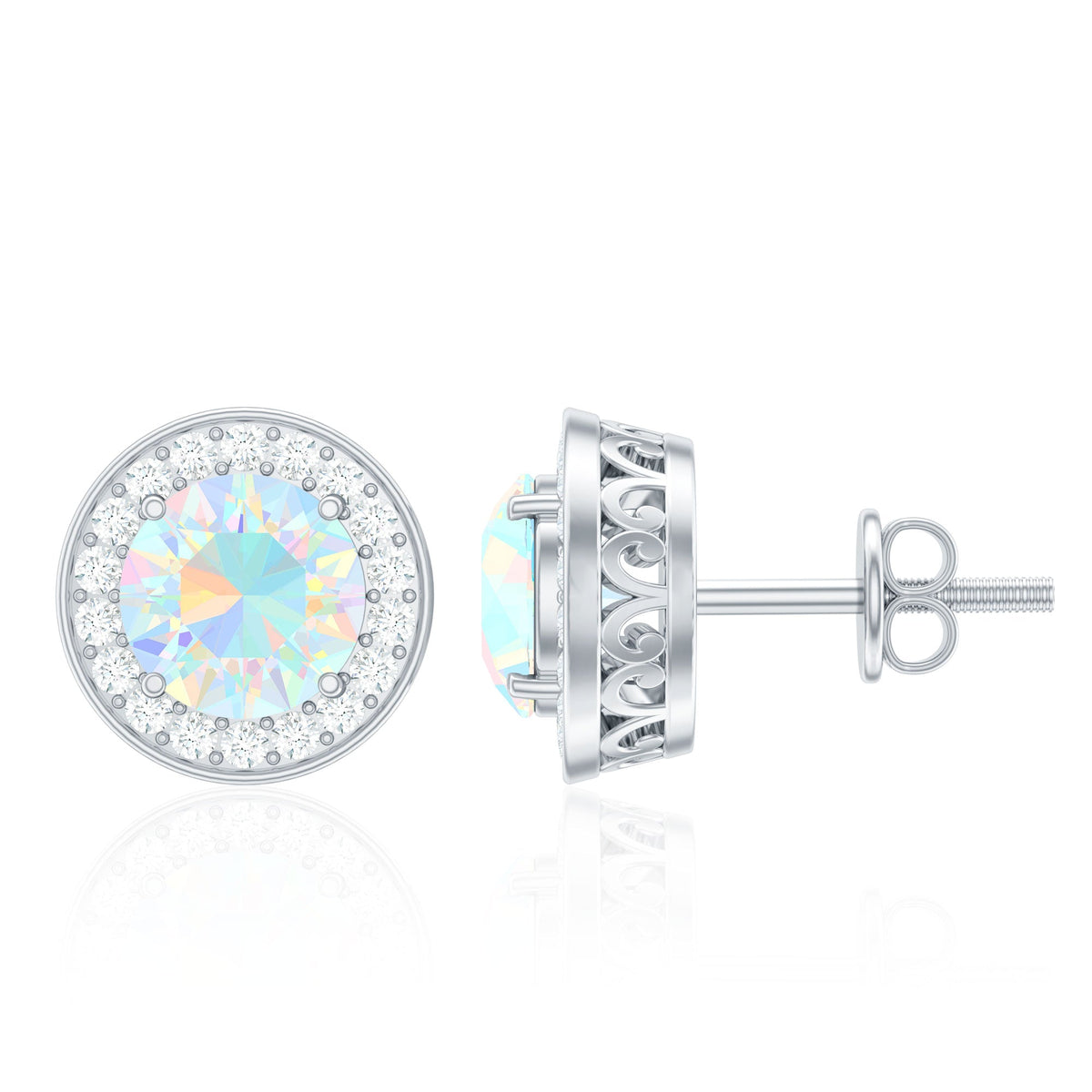 Round Ethiopian opal and diamond halo stud earrings by Rosec Jewels featuring 1.6 carats, showcasing vibrant gemstones and elegant design.