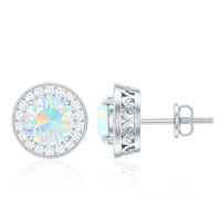 Round Ethiopian opal and diamond halo stud earrings by Rosec Jewels featuring 1.6 carats, showcasing vibrant gemstones and elegant design.