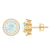 Ethiopian opal and diamond halo stud earrings by Rosec Jewels featuring round 1.6 carat opals and sparkling diamond accents.