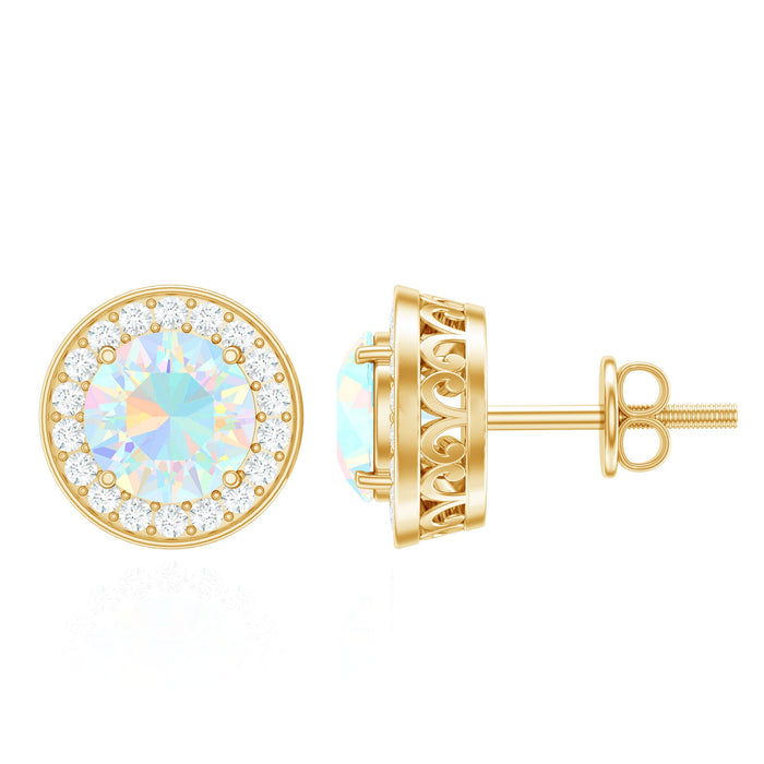 Ethiopian opal and diamond halo stud earrings by Rosec Jewels featuring round 1.6 carat opals and sparkling diamond accents.