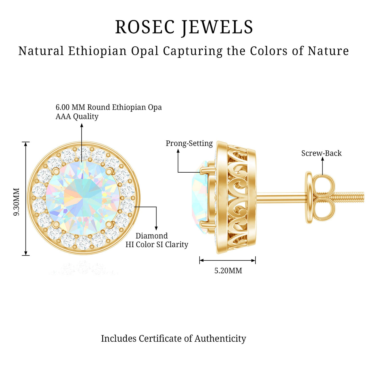 Ethiopian opal and diamond halo stud earrings by Rosec Jewels featuring 1.6 carat round gemstones and sparkling diamond accents