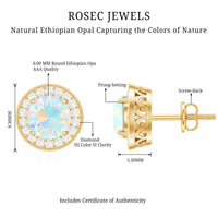 Ethiopian opal and diamond halo stud earrings by Rosec Jewels featuring 1.6 carat round gemstones and sparkling diamond accents
