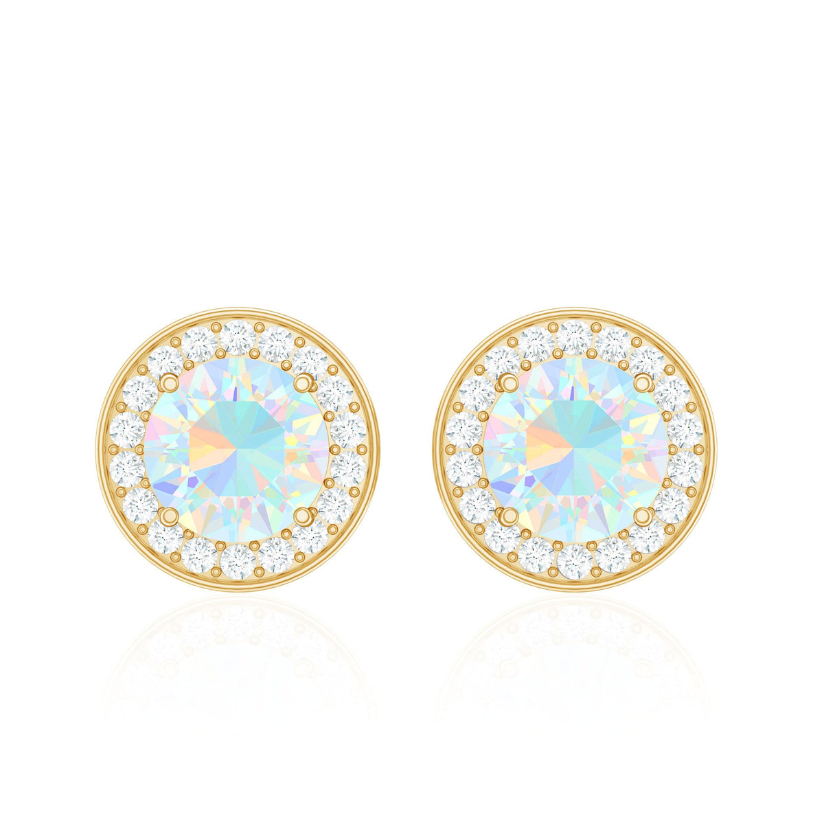 Round Ethiopian opal and diamond halo stud earrings featuring 1.6 carats, crafted by Rosec Jewels with elegant design.