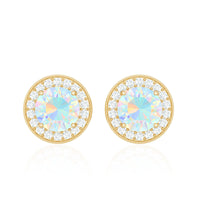 Round Ethiopian opal and diamond halo stud earrings featuring 1.6 carats, crafted by Rosec Jewels with elegant design.