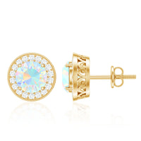 Ethiopian opal and diamond halo stud earrings by Rosec Jewels featuring round 1.6 carat opals and sparkling diamond accents