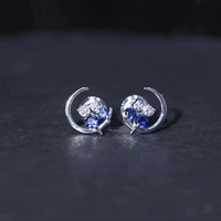 Lab Grown Blue Sapphire and Diamond Cat and Moon Stud Earrings