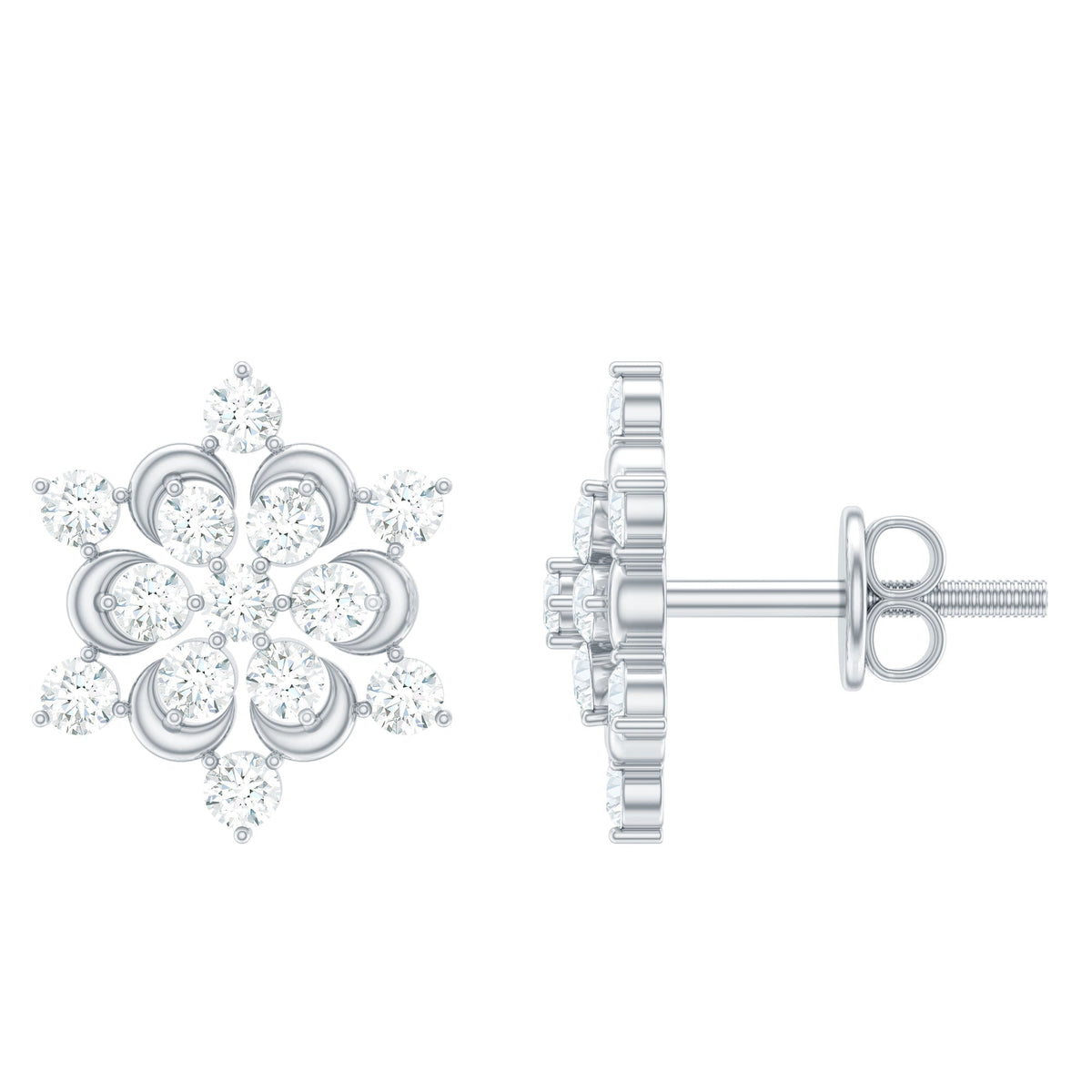 Rosec Jewels certified diamond snowflake stud earrings with sparkling diamond details and intricate snowflake design.